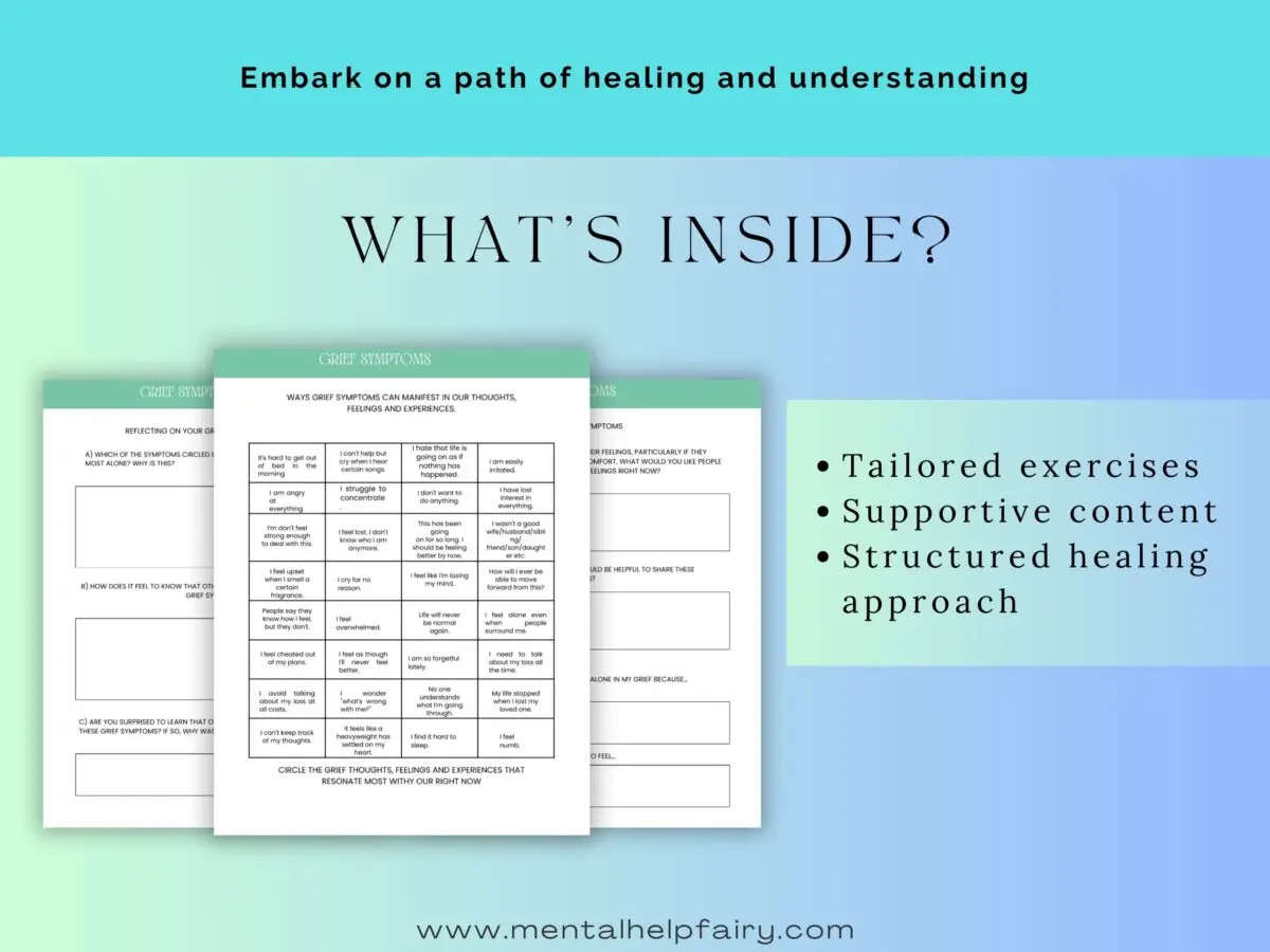 Preview of the Grief and Bereavement Workbook showing tailored exercises to manage grief symptoms