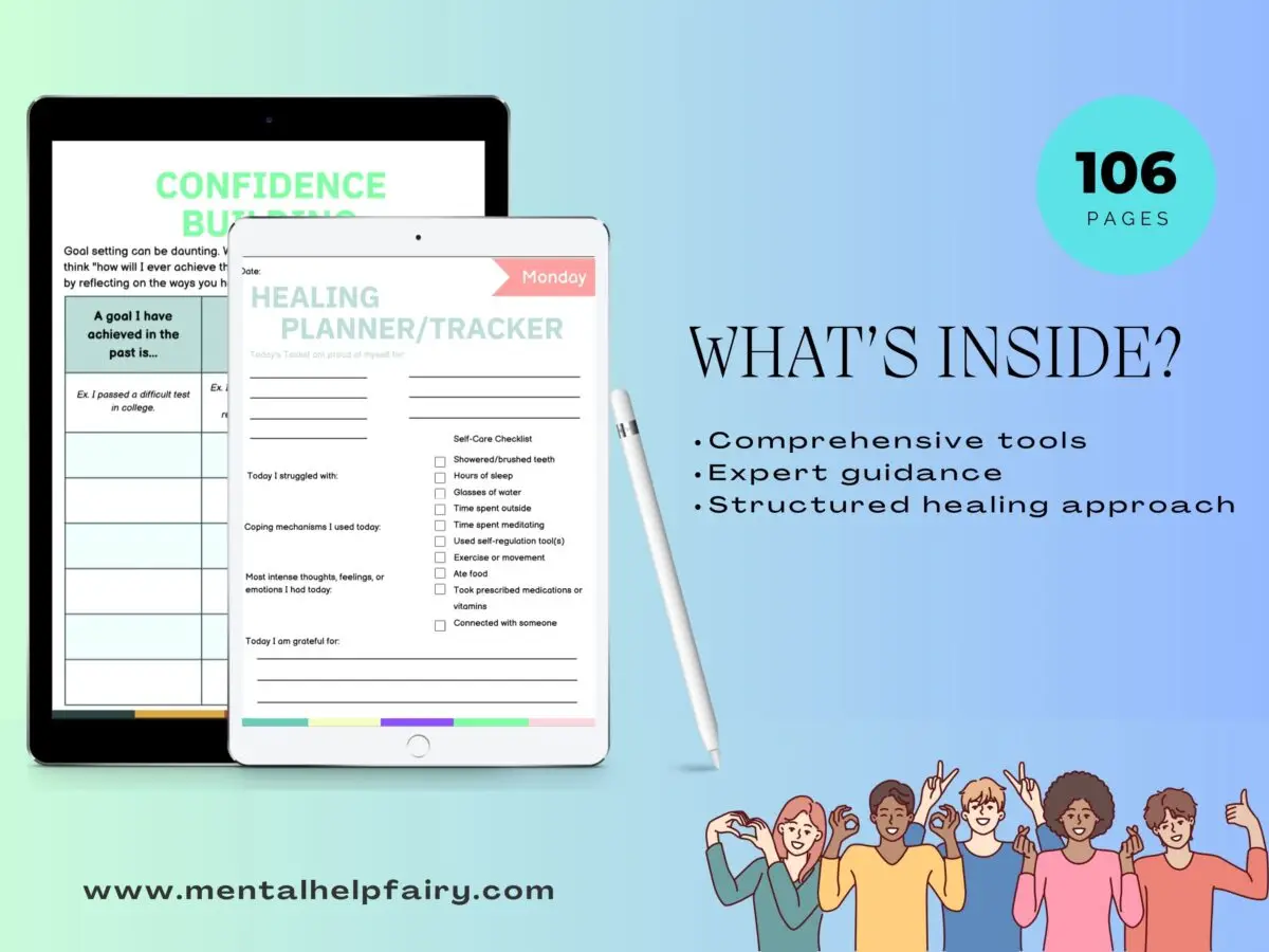 Inside the Trauma Survivor's Guide showing healing planner and confidence-building exercises