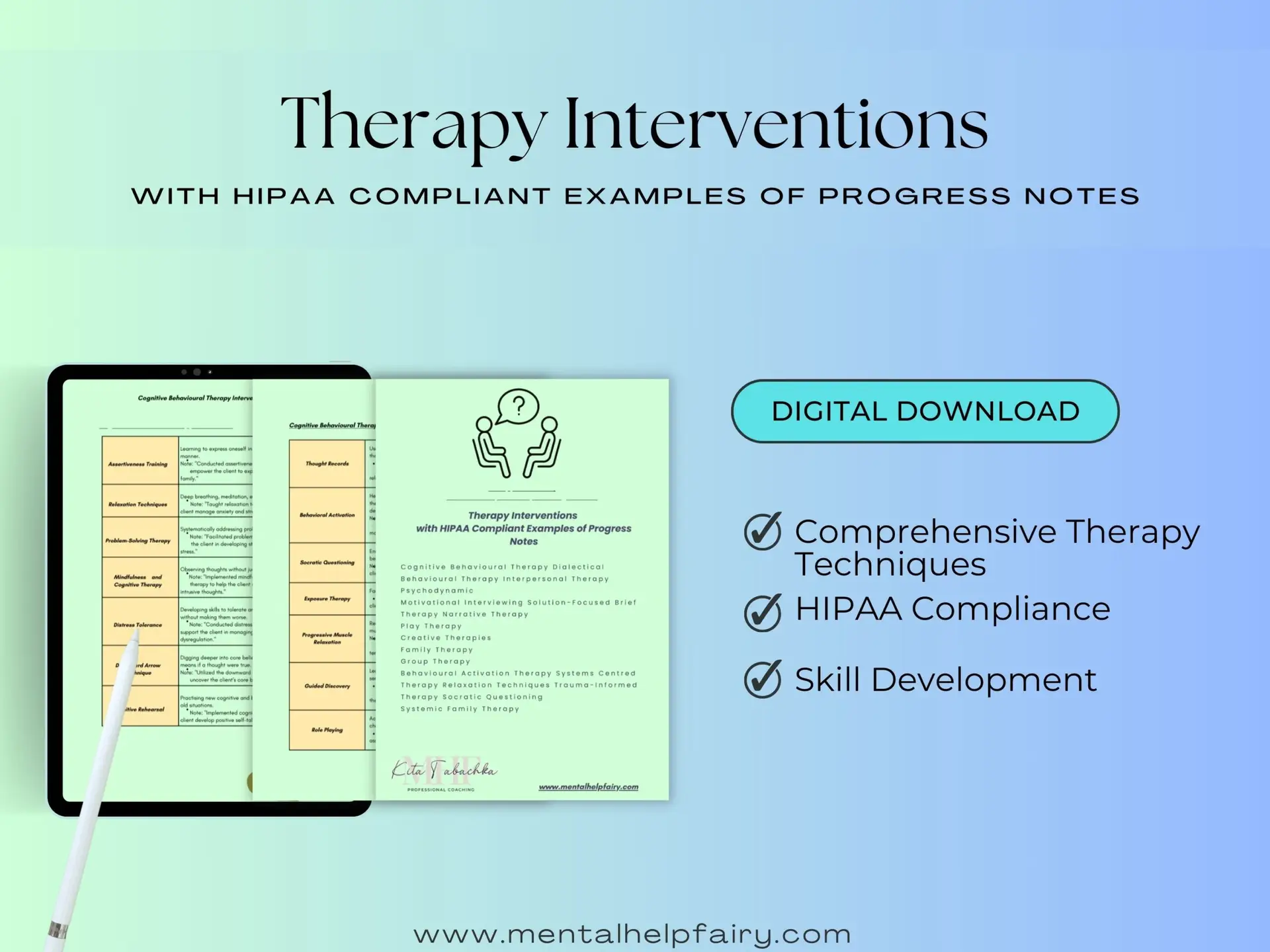 Therapy Interventions with HIPAA Compliant Progress Notes – Digital Download for Therapists