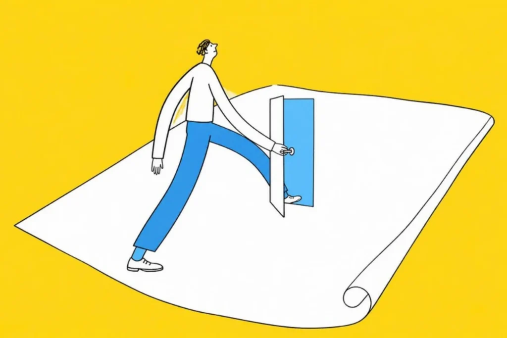 Illustration of a person stepping through a small door drawn in the middle of a giant blank page, yellow background