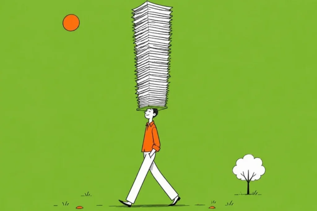 Illustration of a person walking with an enormous balanced tower of pages on their head, pink background