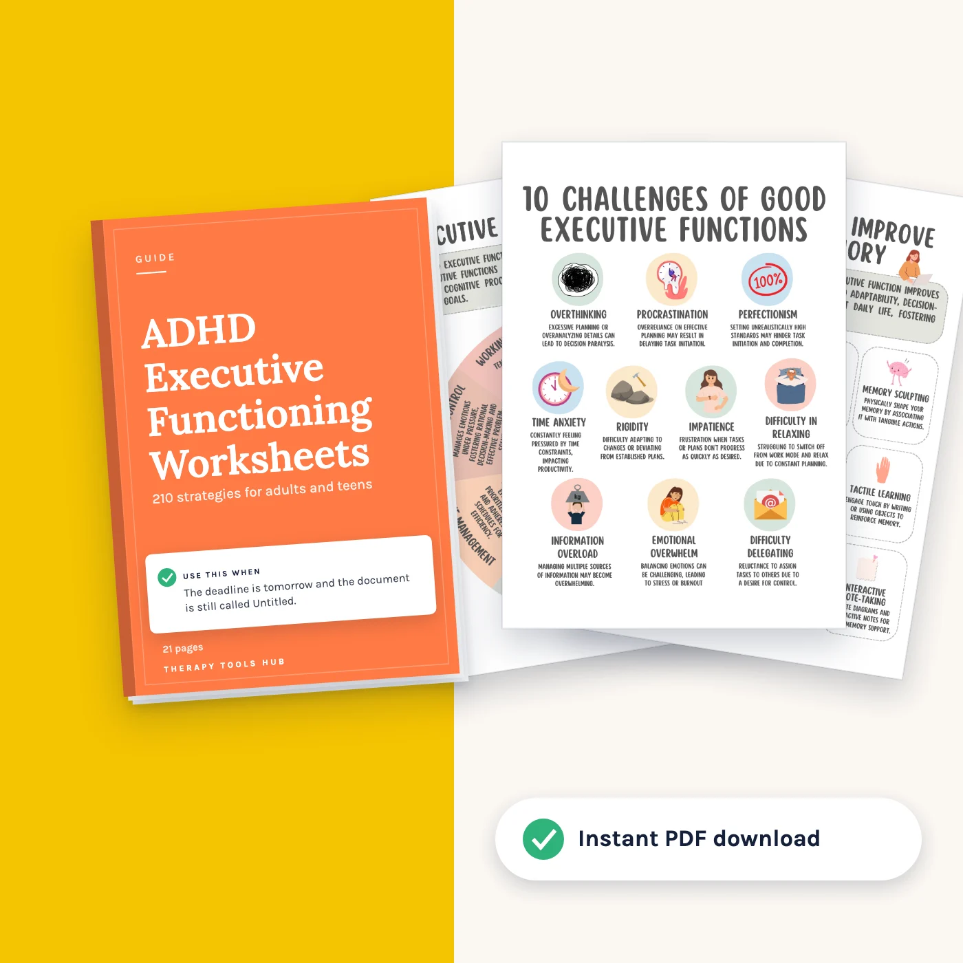 210 ADHD Executive Functioning Worksheets for Adults and Teens: cover with inside pages, instant PDF download