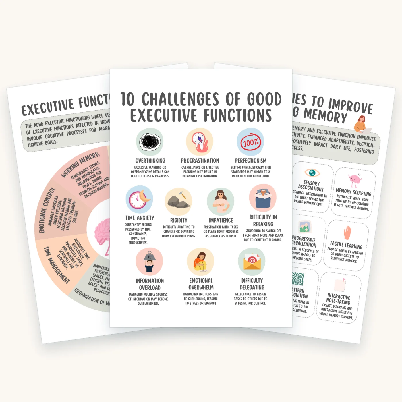 210 ADHD Executive Functioning Worksheets for Adults and Teens, pages 3, 5, 6 fanned out