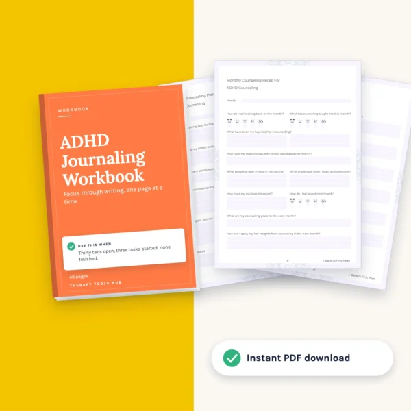 ADHD Journaling Workbook: Focus Through Writing: cover with inside pages, instant PDF download