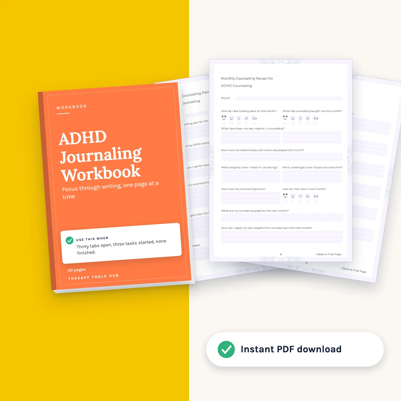 ADHD Journaling Workbook: Focus Through Writing: cover with inside pages, instant PDF download