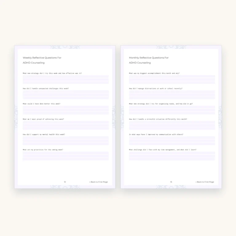 ADHD Journaling Workbook, inside pages 12 and 13