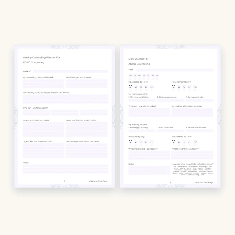 ADHD Journaling Workbook, inside pages 5 and 6
