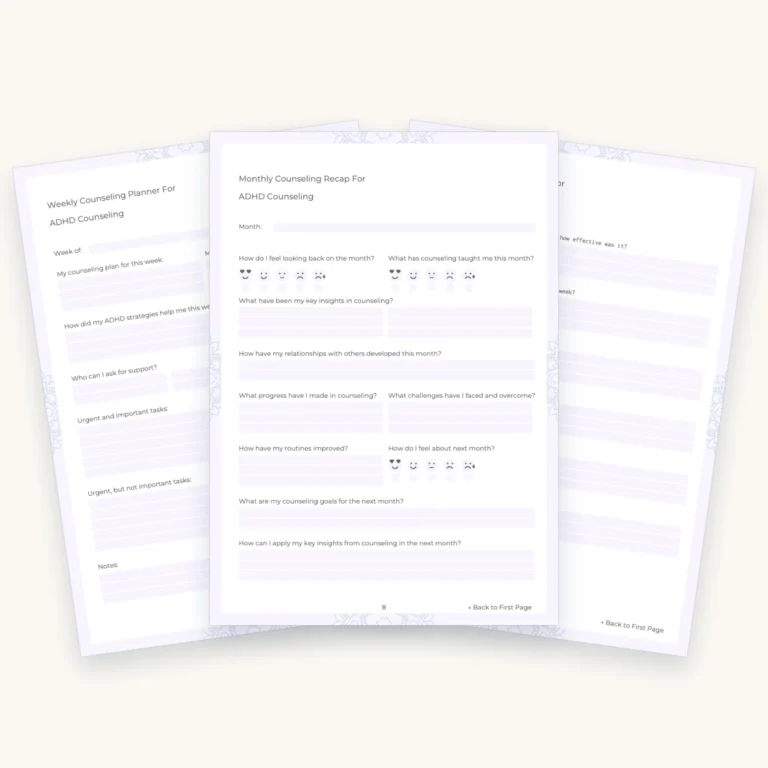 ADHD Journaling Workbook, pages 5, 8, 12 fanned out