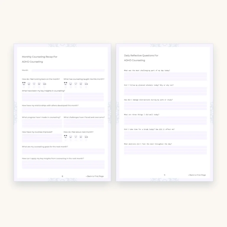 ADHD Journaling Workbook, inside pages 8 and 9