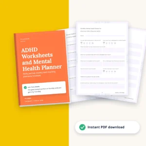ADHD Mental Health Worksheets and Planner: cover with inside pages, instant PDF download