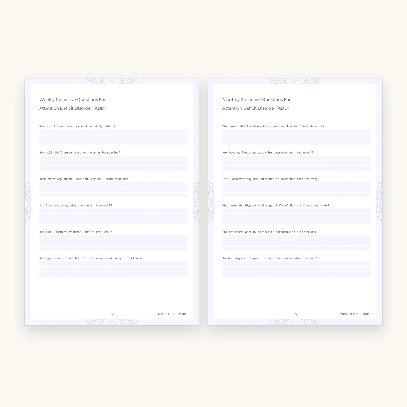 ADHD Mental Health Worksheets and Planner, inside pages 12 and 13