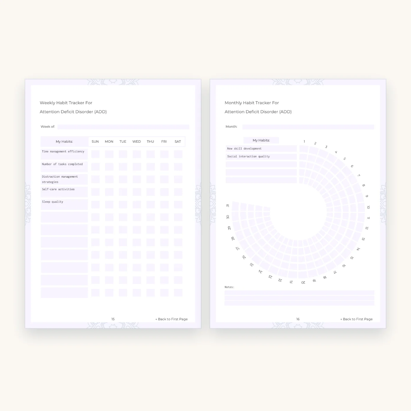 ADHD Mental Health Worksheets and Planner, inside pages 15 and 16