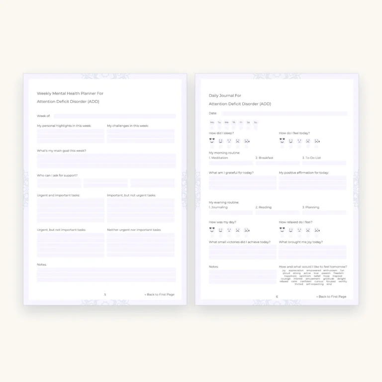 ADHD Mental Health Worksheets and Planner, inside pages 5 and 6