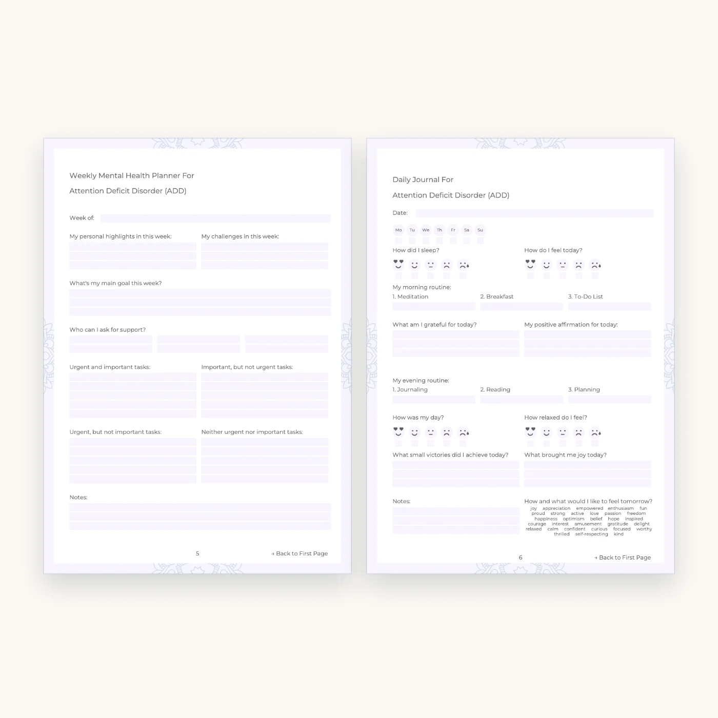 ADHD Mental Health Worksheets and Planner, inside pages 5 and 6