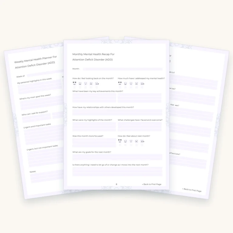 ADHD Mental Health Worksheets and Planner, pages 5, 8, 12 fanned out