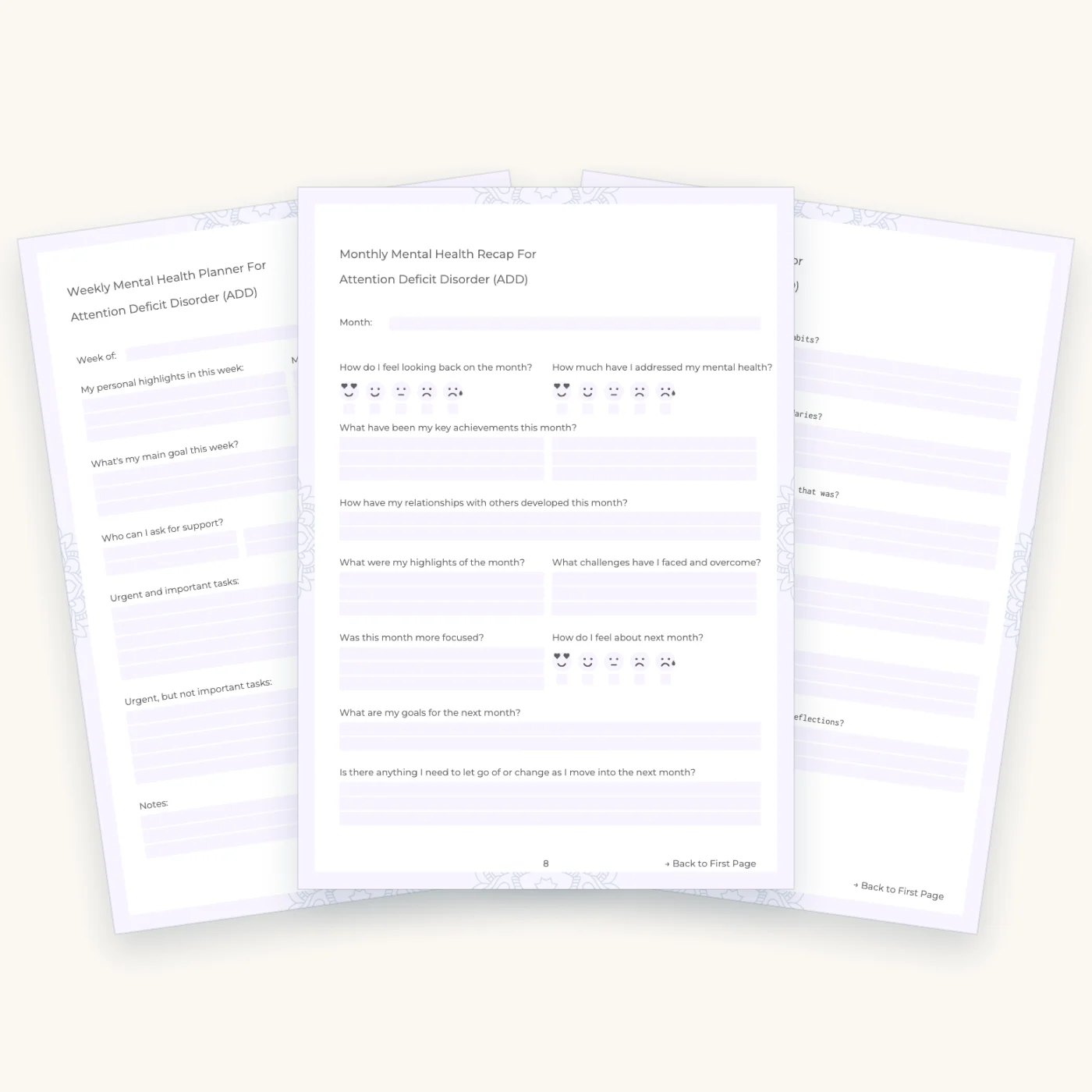 ADHD Mental Health Worksheets and Planner, pages 5, 8, 12 fanned out