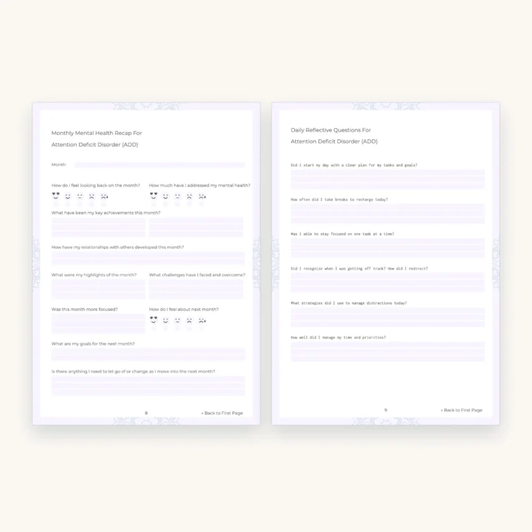 ADHD Mental Health Worksheets and Planner, inside pages 8 and 9
