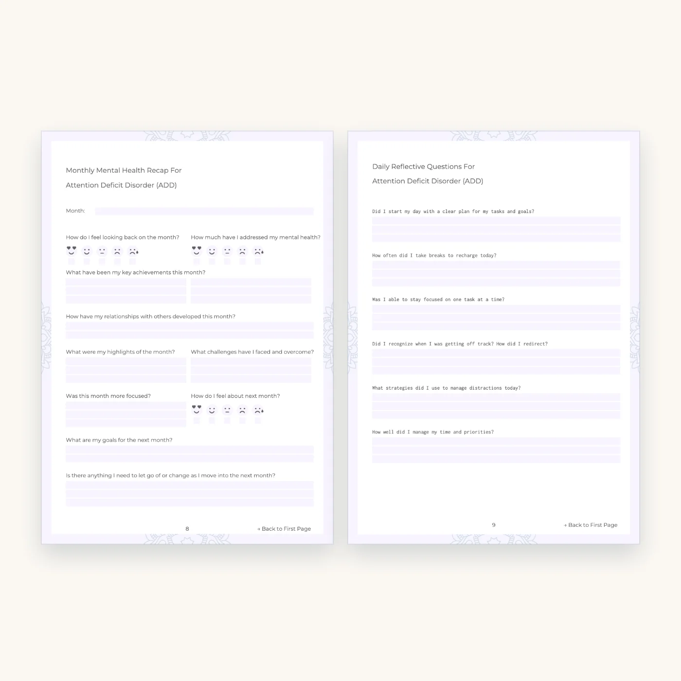 ADHD Mental Health Worksheets and Planner, inside pages 8 and 9
