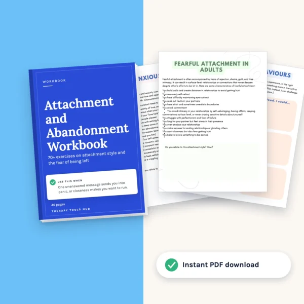 Attachment and Abandonment Workbook: 70+ Exercises: cover with inside pages, instant PDF download