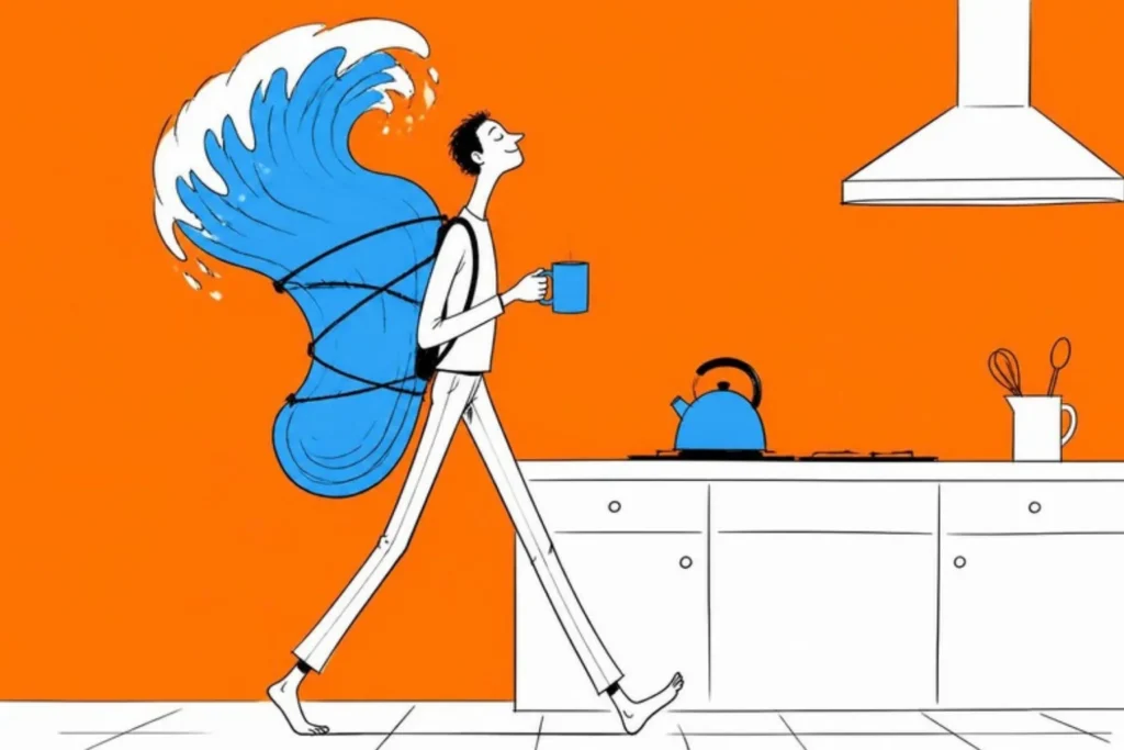 Illustration of a person walking through a kitchen with a curling wave strapped to their back like a rucksack, holding a mug, plum background