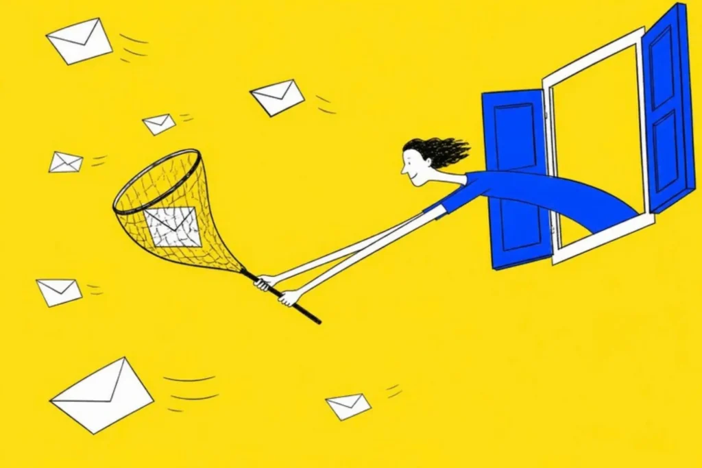 Illustration of a person leaning out of a window catching flying envelopes with a butterfly net, yellow background
