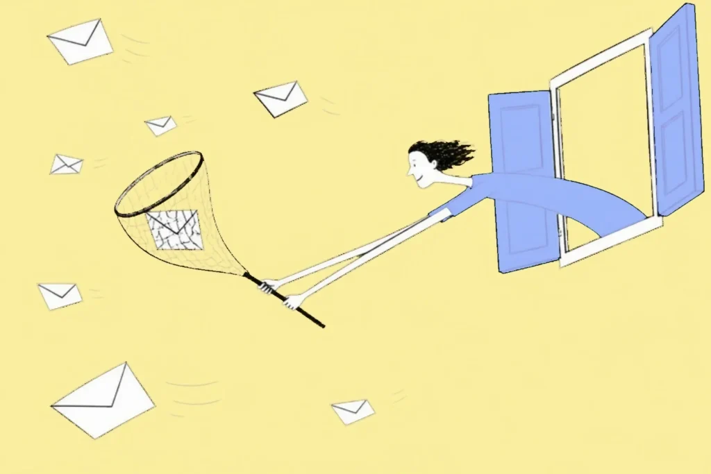 Illustration of a person leaning out of a window catching flying envelopes with a butterfly net, yellow background