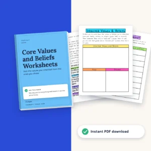 Core Values and Beliefs Worksheets: 31-Page Toolkit: cover with inside pages, instant PDF download