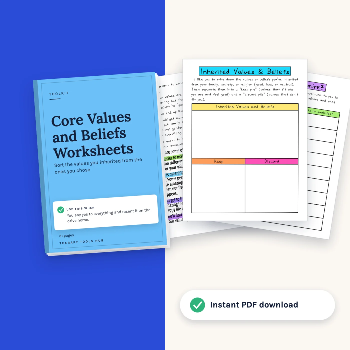 Core Values and Beliefs Worksheets: 31-Page Toolkit: cover with inside pages, instant PDF download