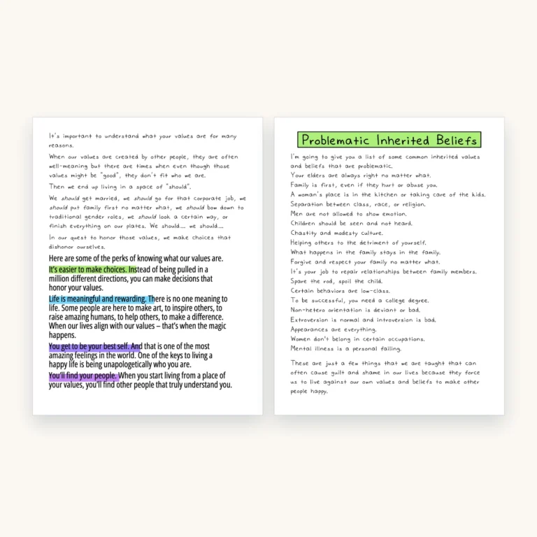 Core Values and Beliefs Worksheets, inside pages 4 and 5