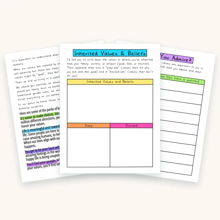 Core Values and Beliefs Worksheets, pages 4, 6, 9 fanned out