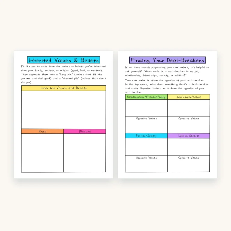 Core Values and Beliefs Worksheets, inside pages 6 and 7