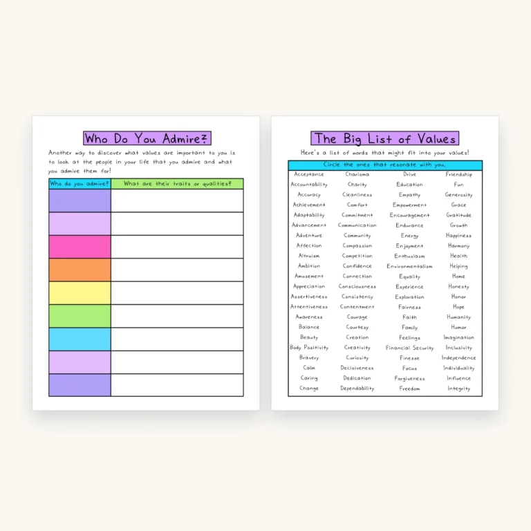 Core Values and Beliefs Worksheets, inside pages 9 and 10