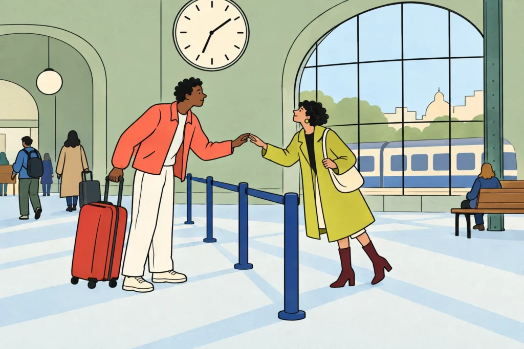 Illustration of a couple reaching across a barrier to touch hands at a train station