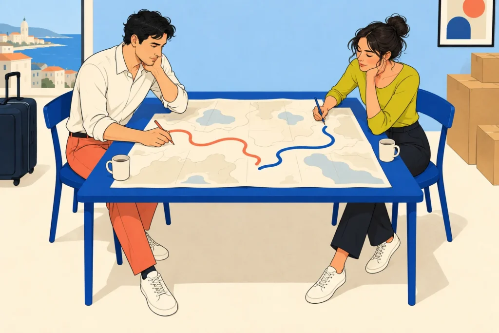 Illustration of a couple at one table, each drawing a separate route on a shared map