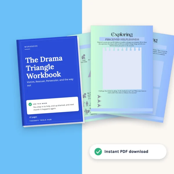 Drama Triangle Worksheets: Victim, Rescuer, Persecutor: cover with inside pages, instant PDF download