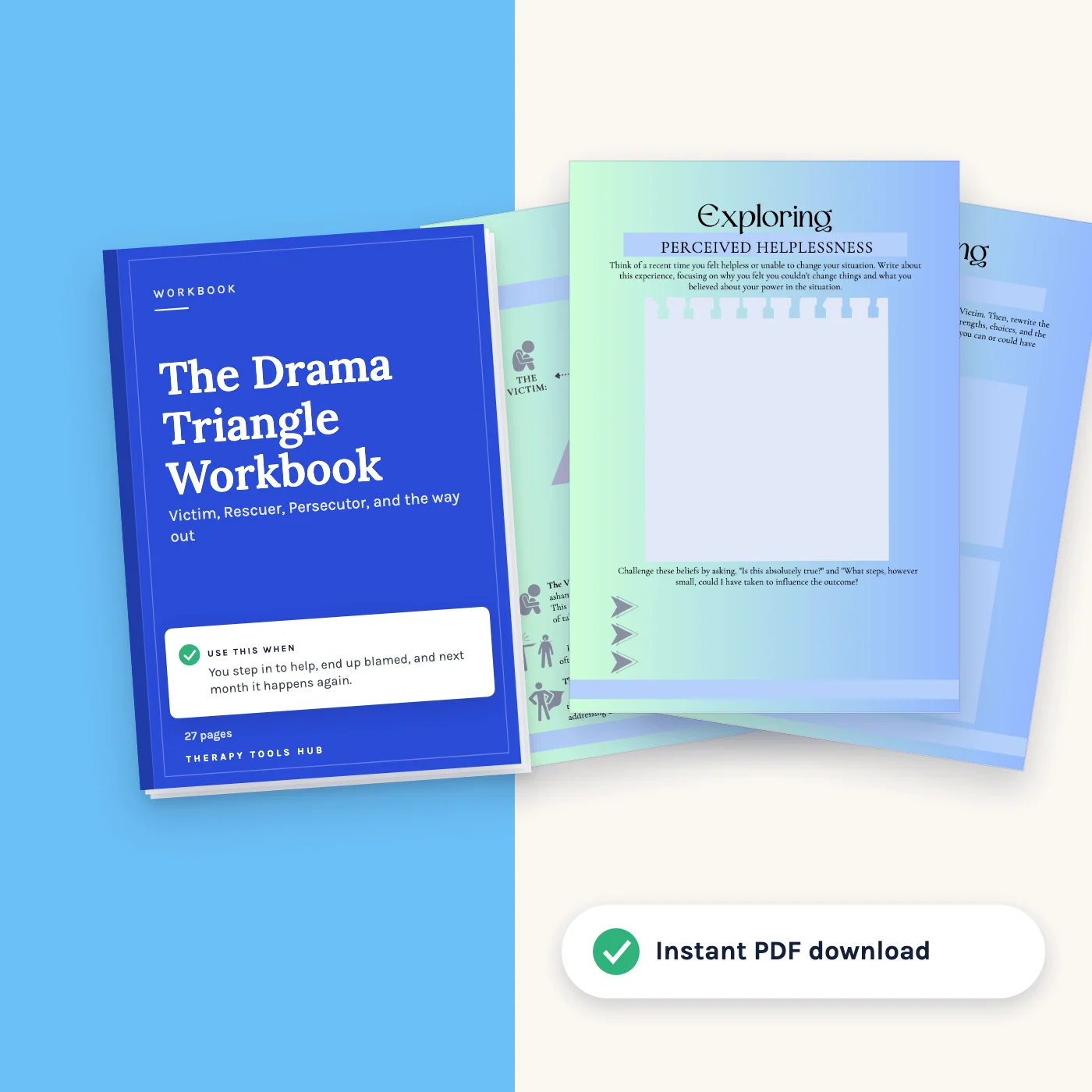 Drama Triangle Worksheets: Victim, Rescuer, Persecutor: cover with inside pages, instant PDF download