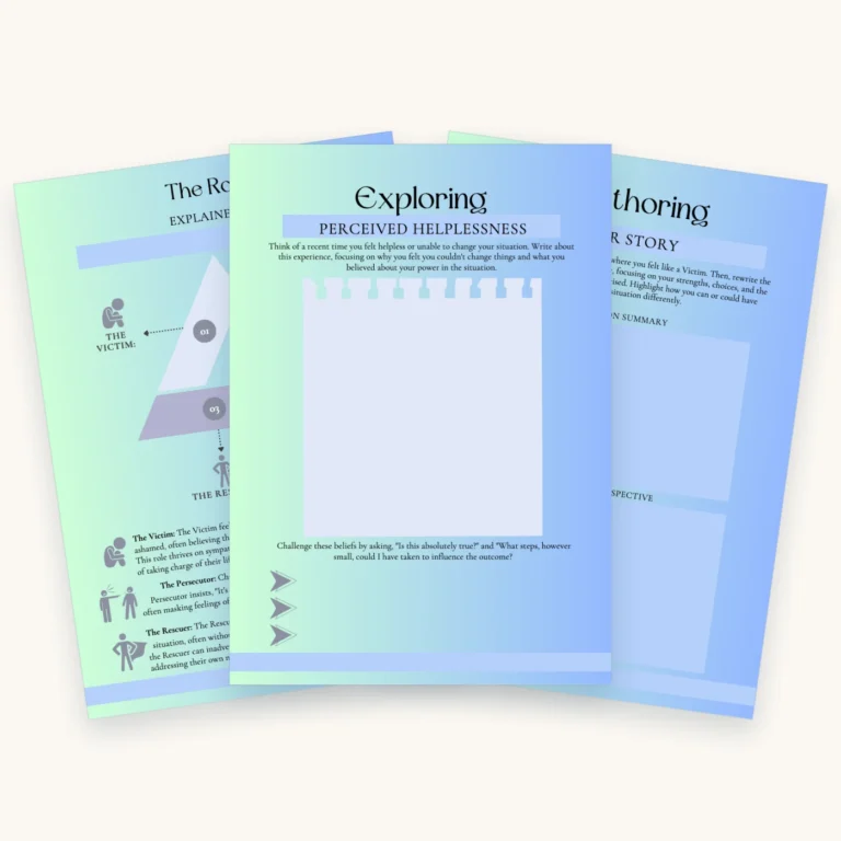 Drama Triangle Worksheets, pages 3, 6, 8 fanned out