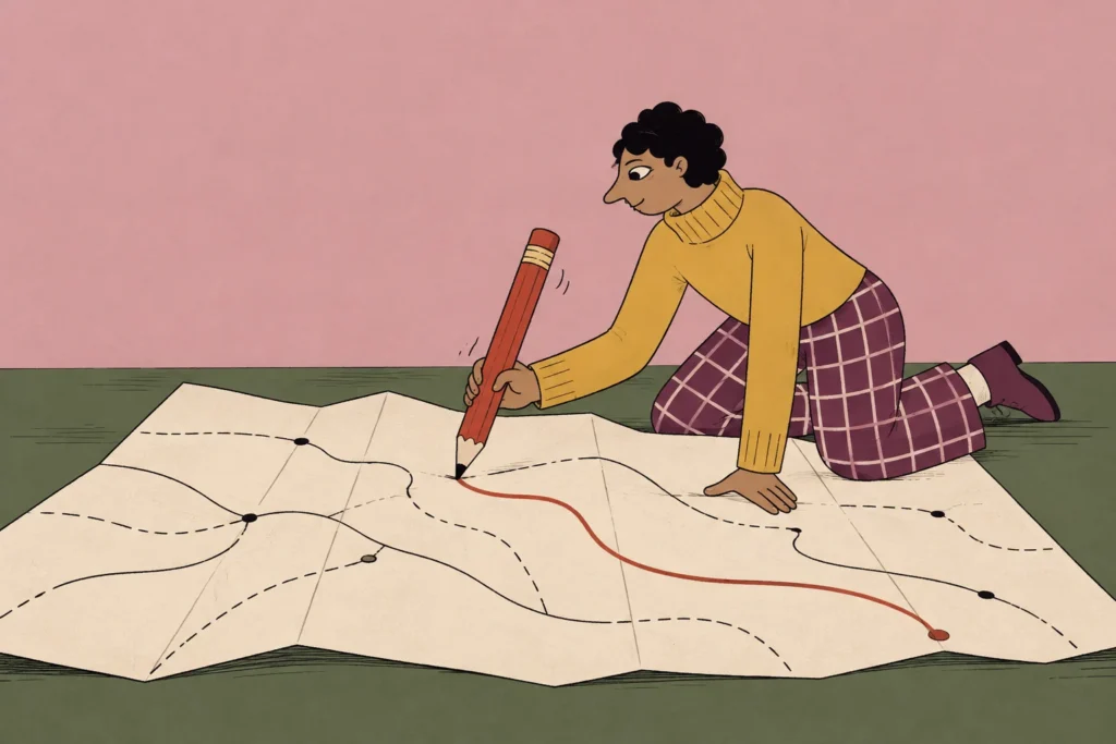 Illustration of a person drawing their own red route across a large folded map