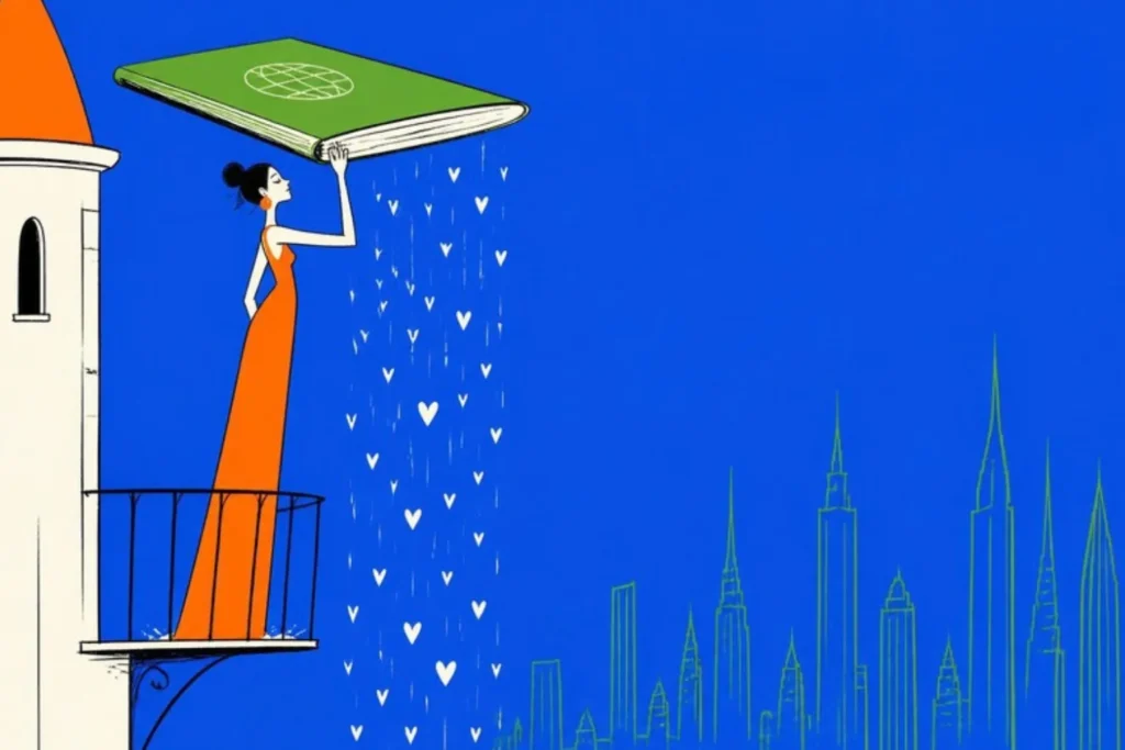 Woman on a tower balcony holding a giant passport over her head like an umbrella as hearts rain down