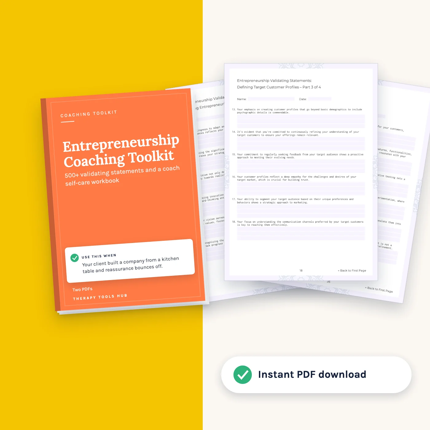 Entrepreneurship Coaching Toolkit: 500+ Validating Statements: cover with inside pages, instant PDF download
