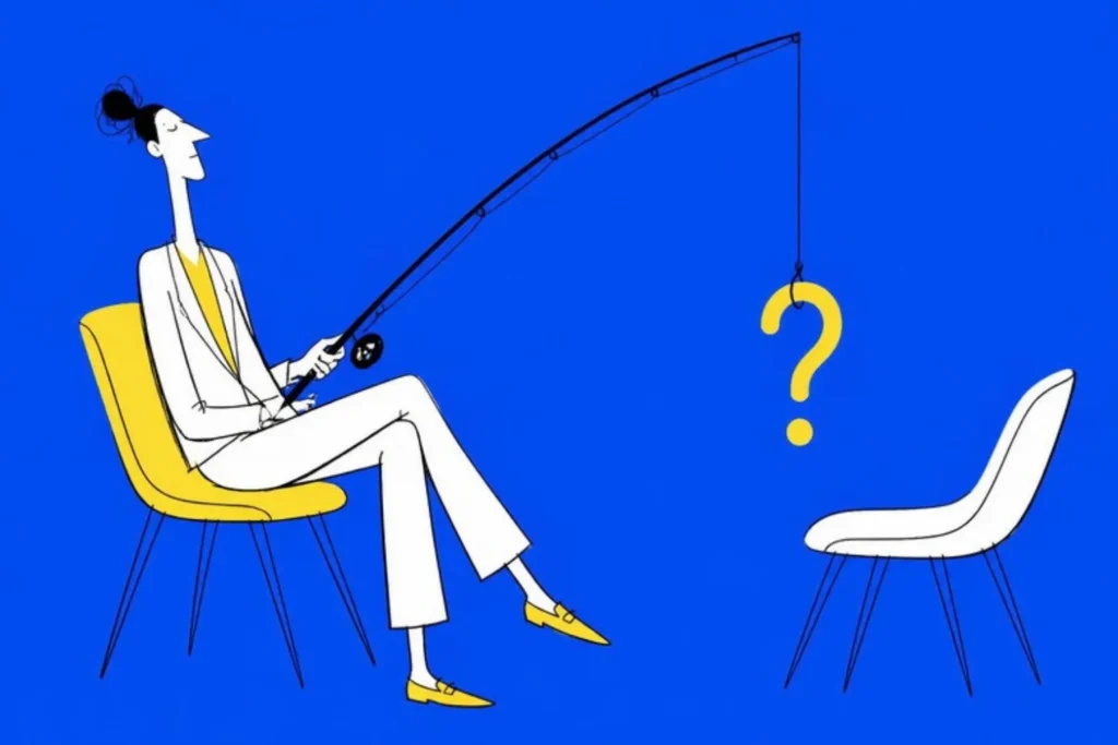 Illustration of a therapist on a chair holding a fishing rod with a question mark as bait in front of an empty chair, cobalt background