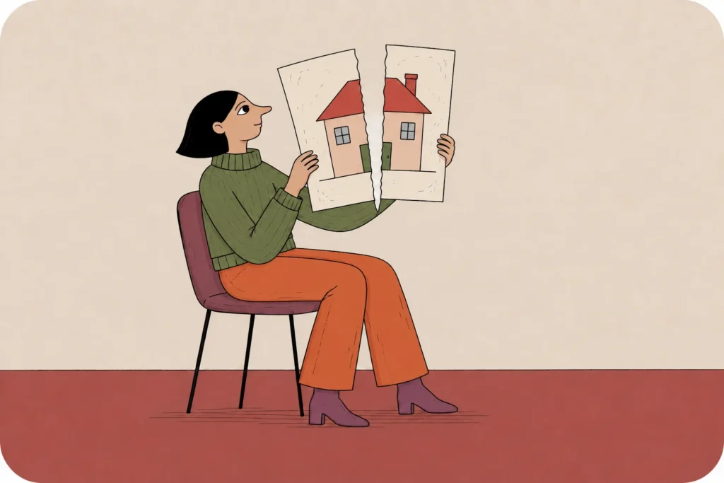 Illustration of a woman holding a picture of a house torn in two