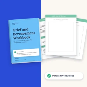 Grief and Bereavement Workbook: 70+ Exercises and Worksheets: cover with inside pages, instant PDF download