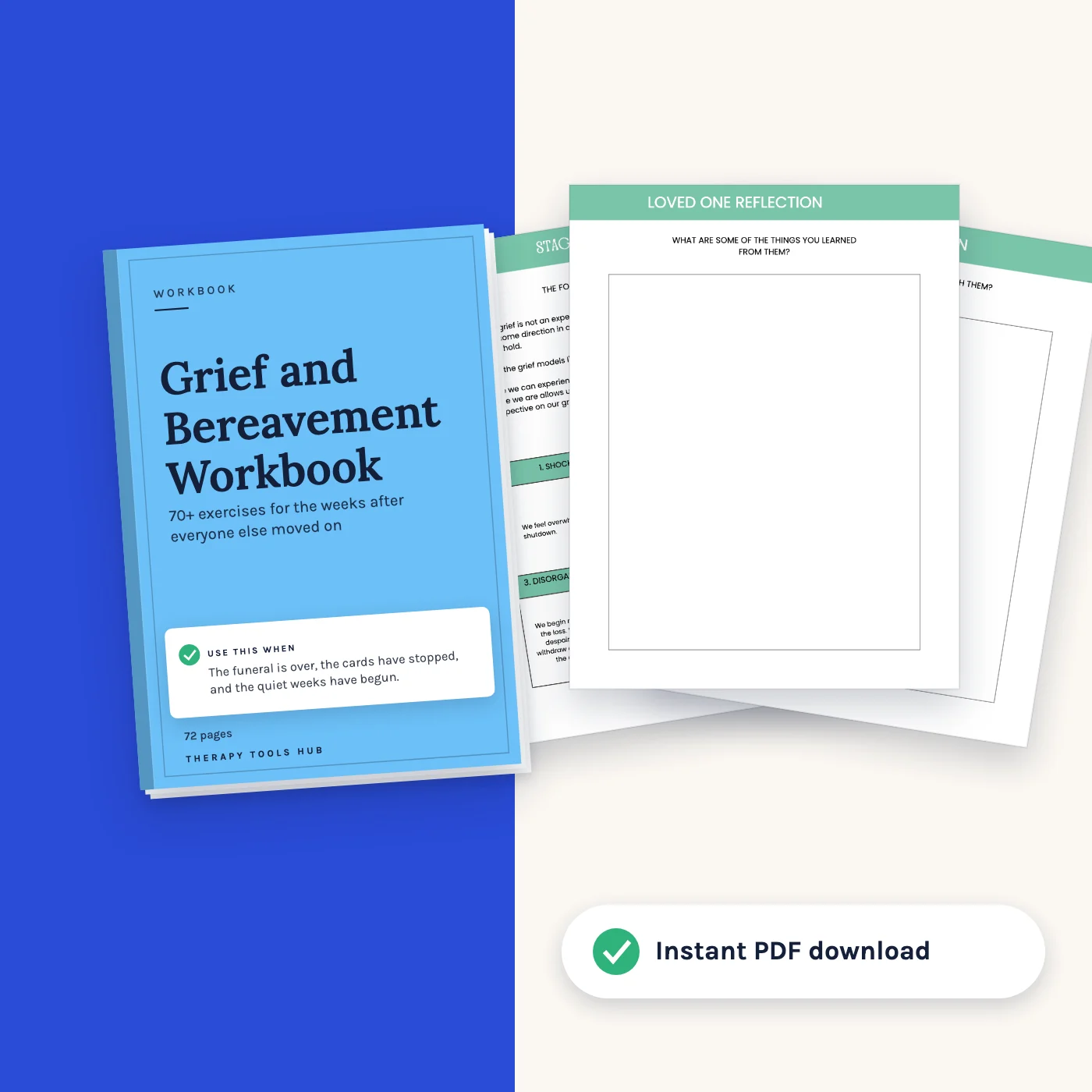 Grief and Bereavement Workbook: 70+ Exercises and Worksheets: cover with inside pages, instant PDF download