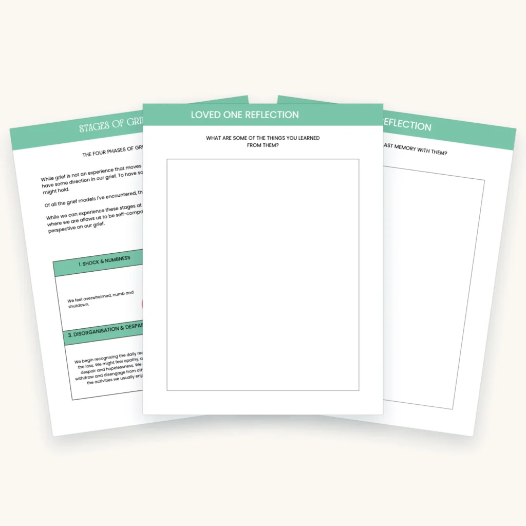Grief and Bereavement Workbook, pages 7, 14, 20 fanned out