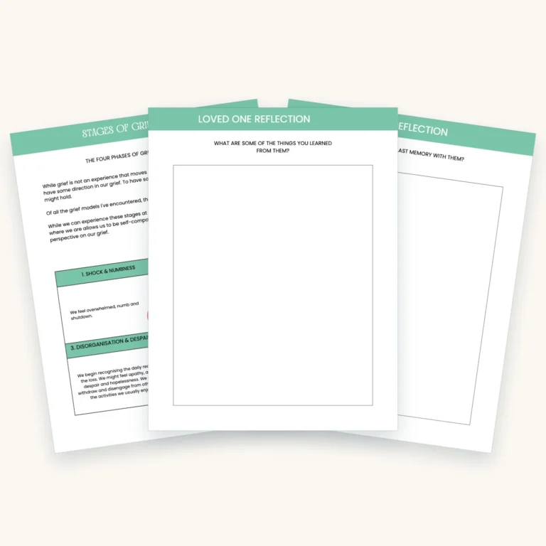 Grief and Bereavement Workbook, pages 7, 14, 20 fanned out