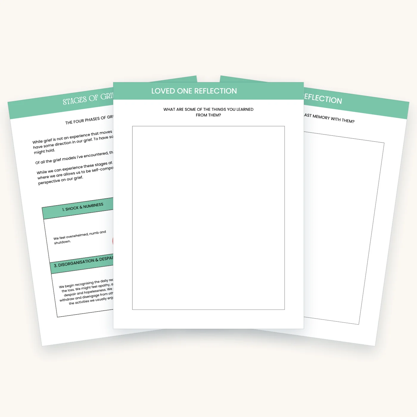 Grief and Bereavement Workbook, pages 7, 14, 20 fanned out