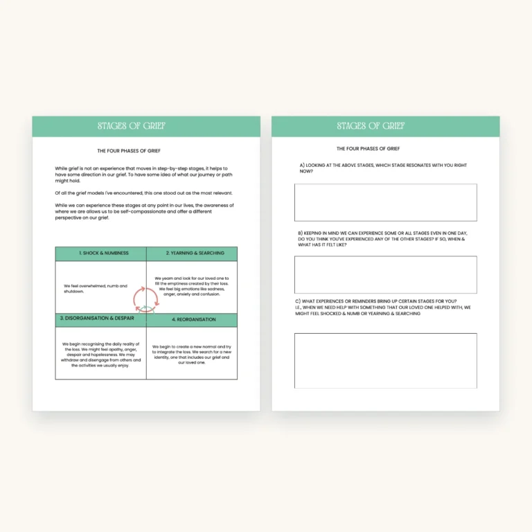 Grief and Bereavement Workbook, inside pages 7 and 8