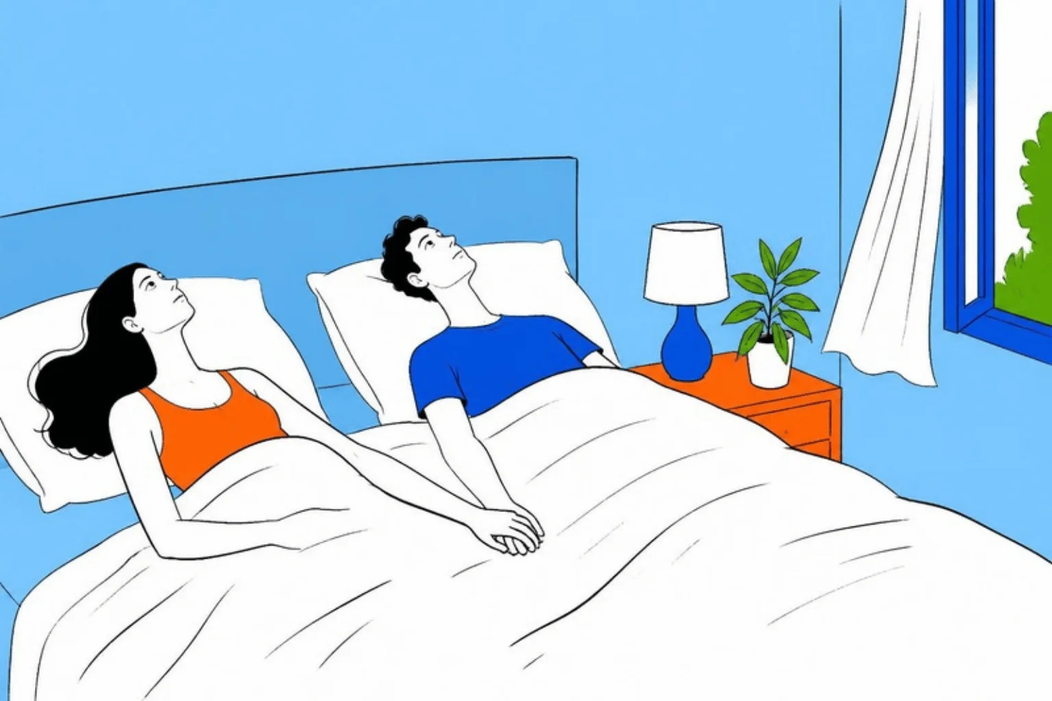 Two adults lying in bed holding hands and looking at the ceiling, sky-blue background