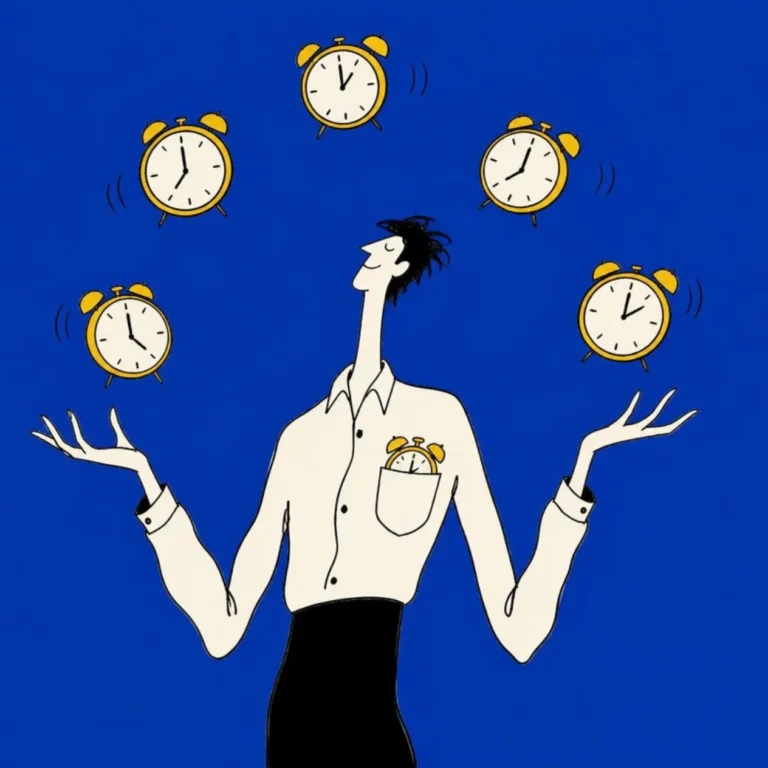 Illustration of a person juggling five alarm clocks with one tucked in a shirt pocket, cobalt blue background